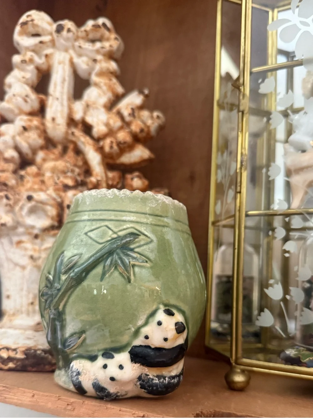 Vintage Green Ceramic Panda Bamboo Planter Vase Home Decor - Picture 4 of 10